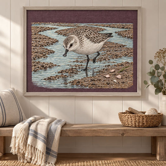 Spoon-billed Sandpiper embroidery design shown in a digital mockup of A landscape aubergine embroidered panel in a pale ash frame above a low coastal hallway bench, complete tide scene shown level and unrotated. Study 77.