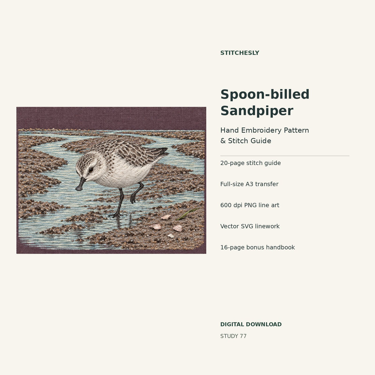 Spoon-billed Sandpiper hand embroidery digital package cover showing the reference artwork and included guide, transfer, PNG, SVG and bonus handbook.