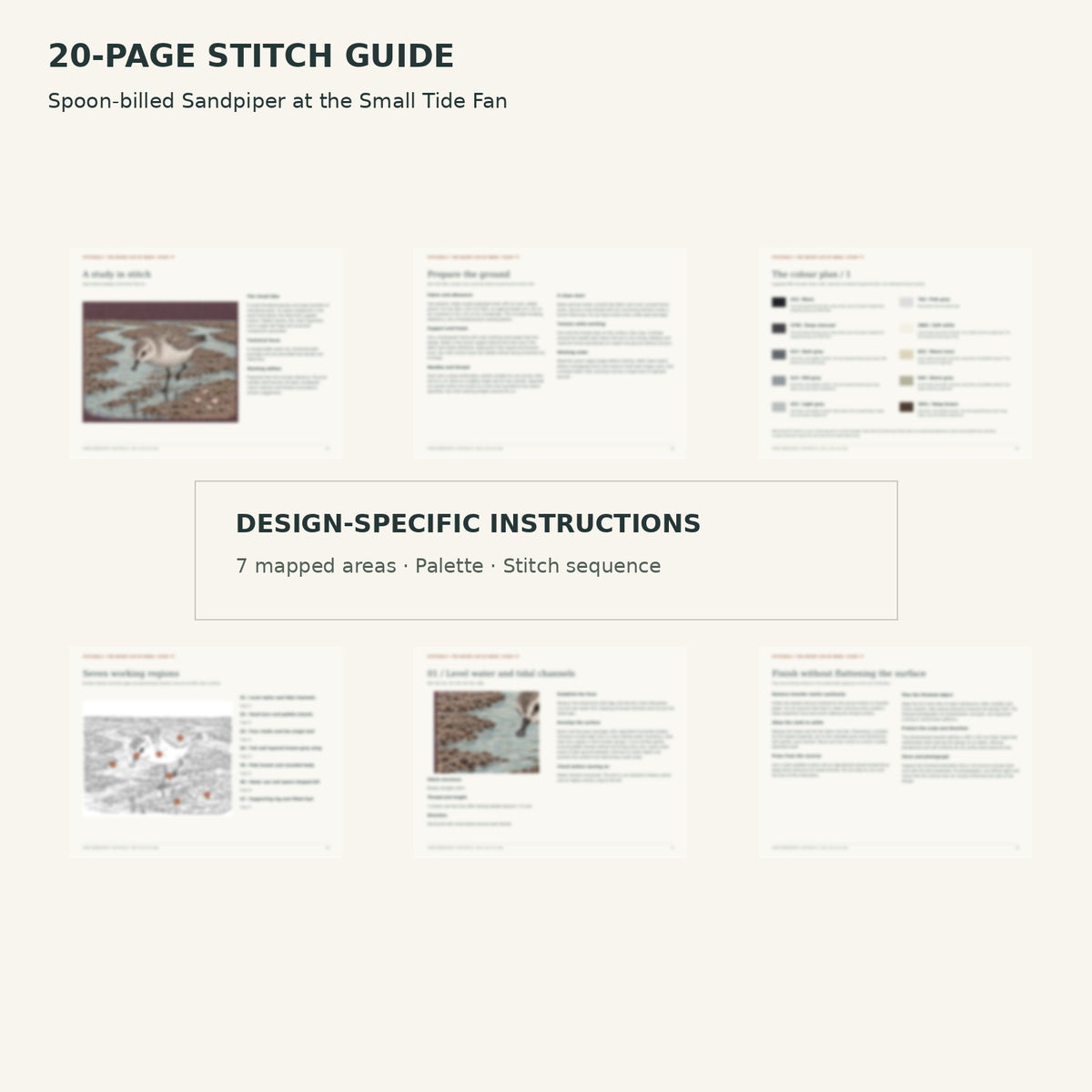 Protected page overview of the 20-page Spoon-billed Sandpiper stitch guide, including its numbered map, suggested palette and working sequence.