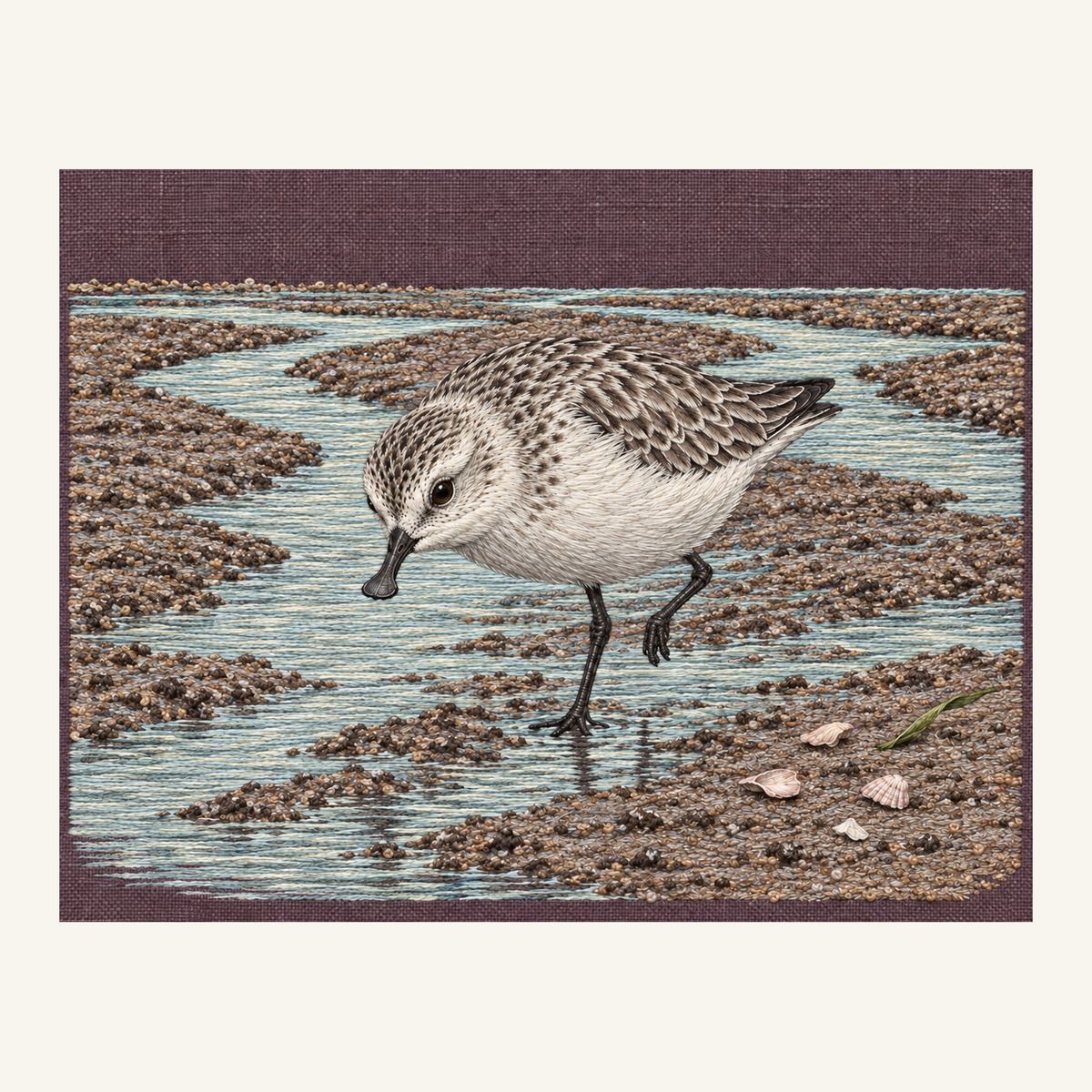 Digital embroidery reference showing a spoon-billed sandpiper on a tidal shore on muted aubergine linen, landscape composition.