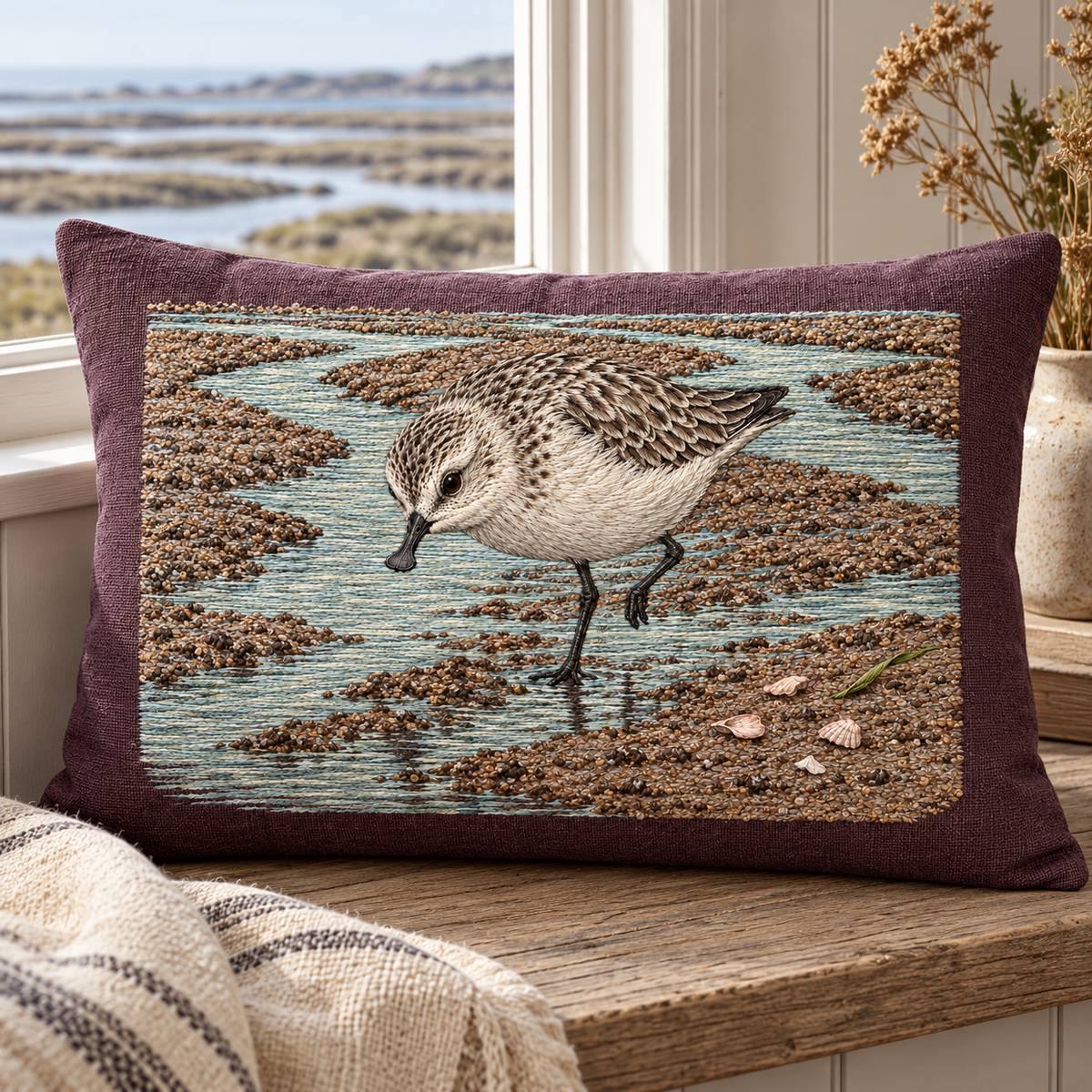 Spoon-billed Sandpiper embroidery design in a digital mockup of A horizontal aubergine linen lumbar cushion on a weathered oak window seat, tide channels parallel to cushion bottom, whole field visible. Placement inspiration for Study 77.