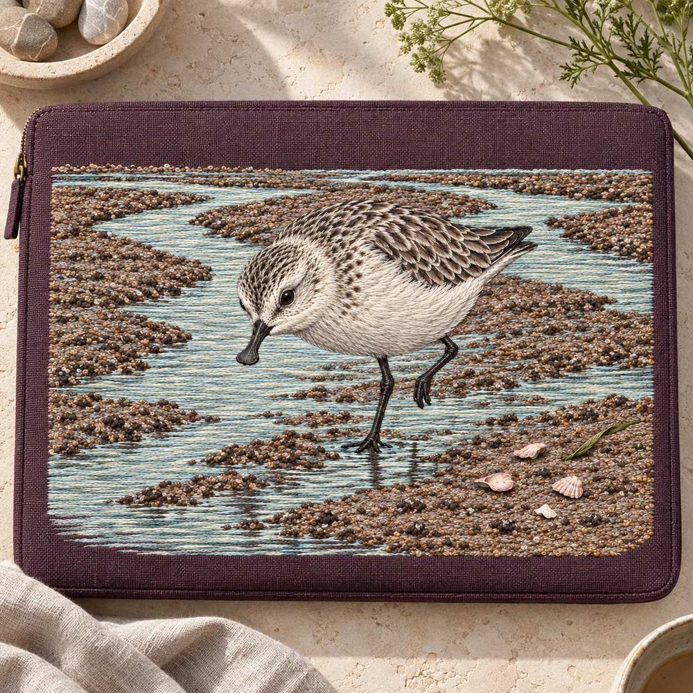 Spoon-billed Sandpiper embroidery design in a digital mockup of A horizontal aubergine linen document portfolio , closed on a pale limestone worktable, camera near overhead with artwork top at photo top. Placement inspiration for Study 77.