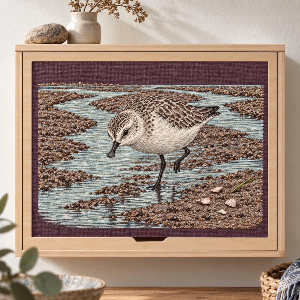 Spoon-billed Sandpiper embroidery design in a digital mockup of A landscape aubergine textile insert centered on the front of a wide wall-mounted birch storage box, face square to camera and undistorted. Placement inspiration for Study 77.