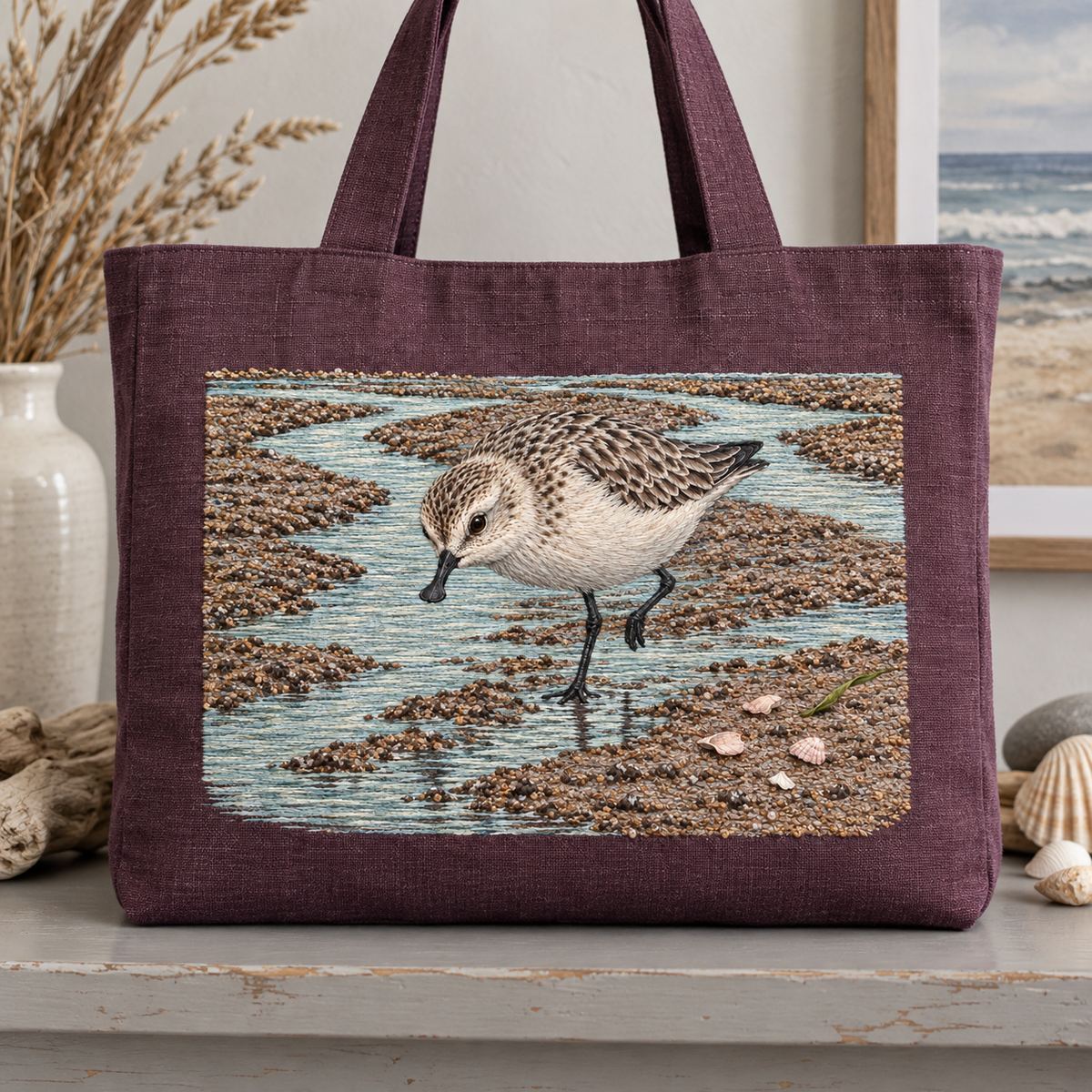 Spoon-billed Sandpiper embroidery design in a digital mockup of A wide aubergine linen beach-observation bag standing on a shell-grey shelf, handles above horizontal motif, no fold across the bird. Placement inspiration for Study 77.