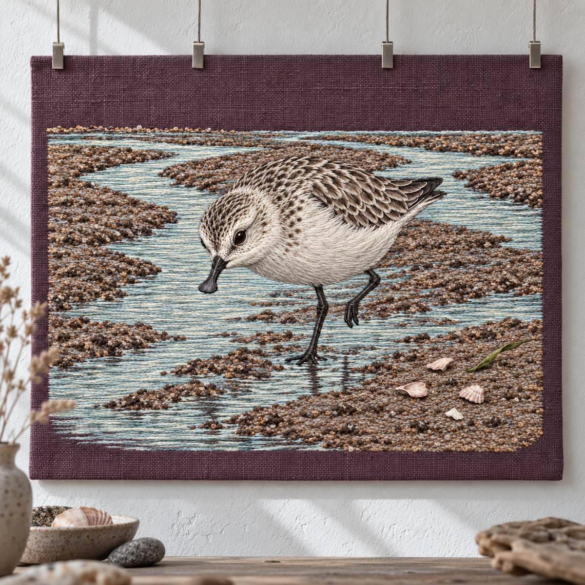 Spoon-billed Sandpiper embroidery design in a digital mockup of A landscape aubergine textile panel hanging from four slim steel magnetic clips on a tide-study studio wall, diffuse cool morning light. Placement inspiration for Study 77.