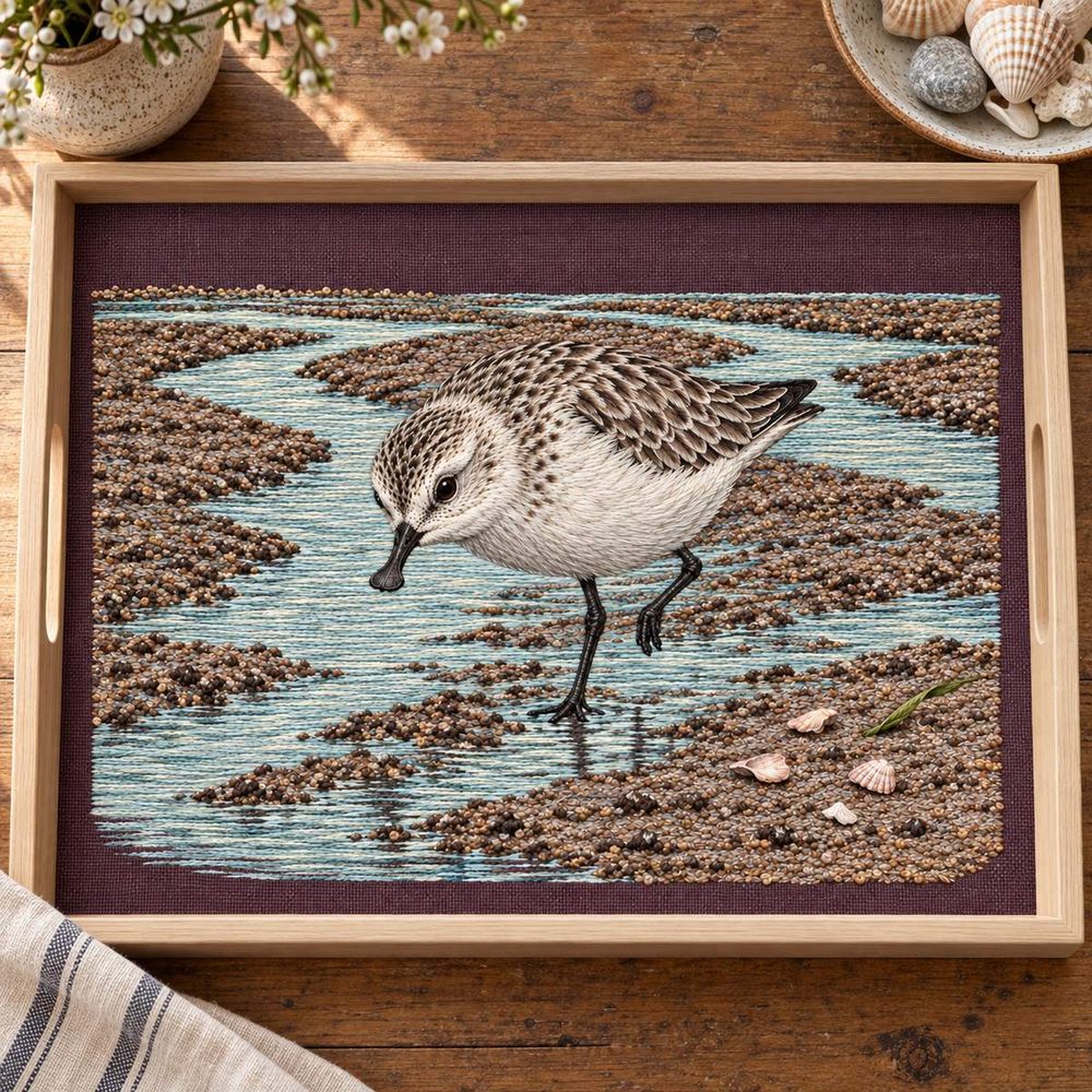 Spoon-billed Sandpiper embroidery design in a digital mockup of A horizontal aubergine needlework tray liner lying perfectly flat inside a shallow pale wood display tray on a large table; nearly overhead photo. Placement inspiration for Study 77.