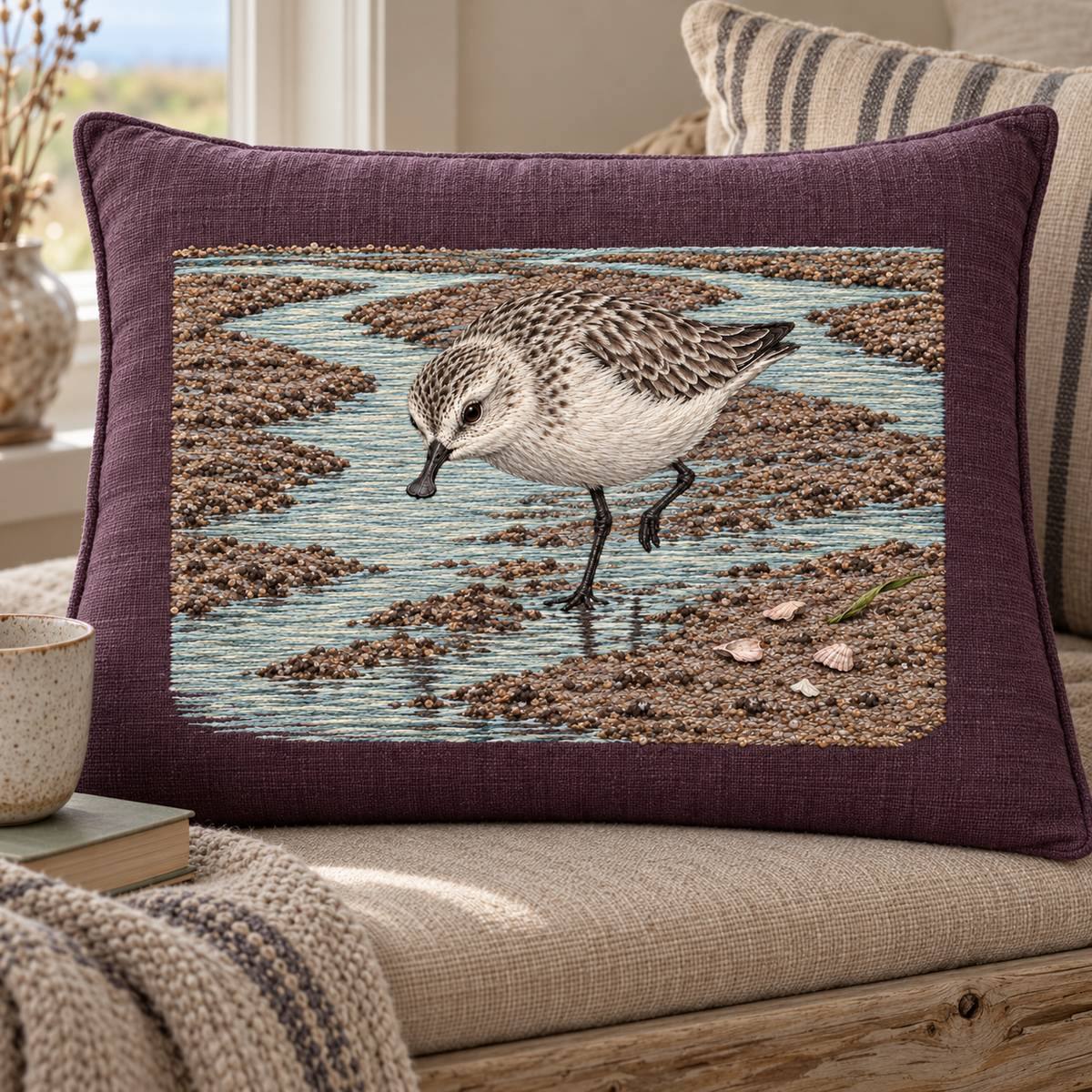 Spoon-billed Sandpiper embroidery design in a digital mockup of A wide aubergine linen reading-rest cushion on a driftwood-colour daybed, front rectangular panel holds the unaltered landscape artwork with generous margin. Placement inspiration for Study 77.