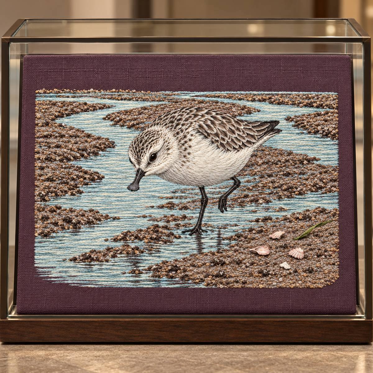 Spoon-billed Sandpiper embroidery design in a digital mockup of A horizontal aubergine textile panel presented behind glass in a freestanding low museum vitrine, camera frontal with only slight top visibility, no labels. Placement inspiration for Study 77.