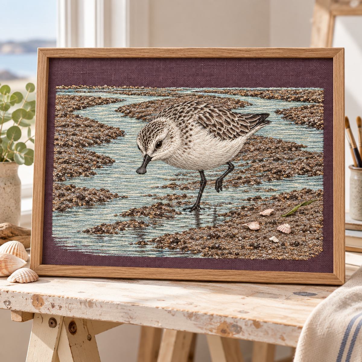 Spoon-billed Sandpiper embroidery design in a digital mockup of The landscape aubergine embroidery stretched in a wide rectangular work frame on a pale folding trestle beside a studio window; entire motif clear with level tidal lines. Placement inspiration for Study 77.