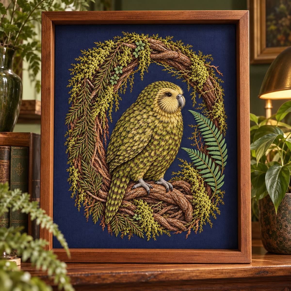 Kakapo embroidery design shown in a digital mockup of An indigo textile panel mounted upright in a deep rimu-coloured timber shadowbox in a moss-green botanical reading room, full root arch visible. Study 78.