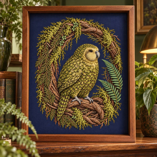 Kakapo embroidery design shown in a digital mockup of An indigo textile panel mounted upright in a deep rimu-coloured timber shadowbox in a moss-green botanical reading room, full root arch visible. Study 78.