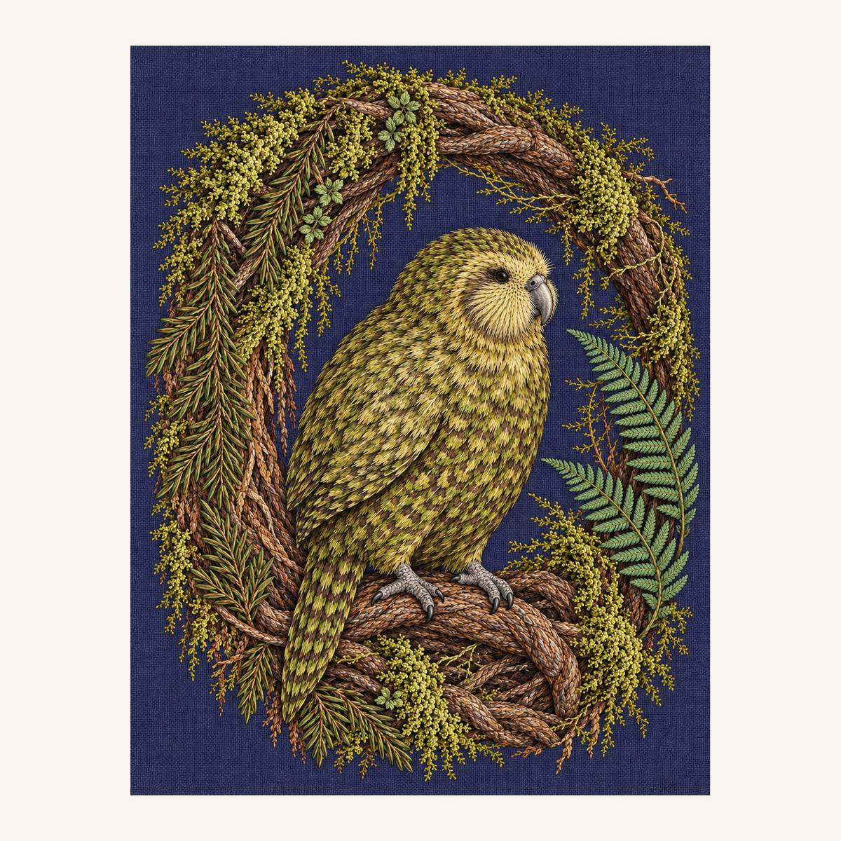 Digital embroidery reference showing a kakapo within a mossy root arch on deep indigo linen, portrait composition.
