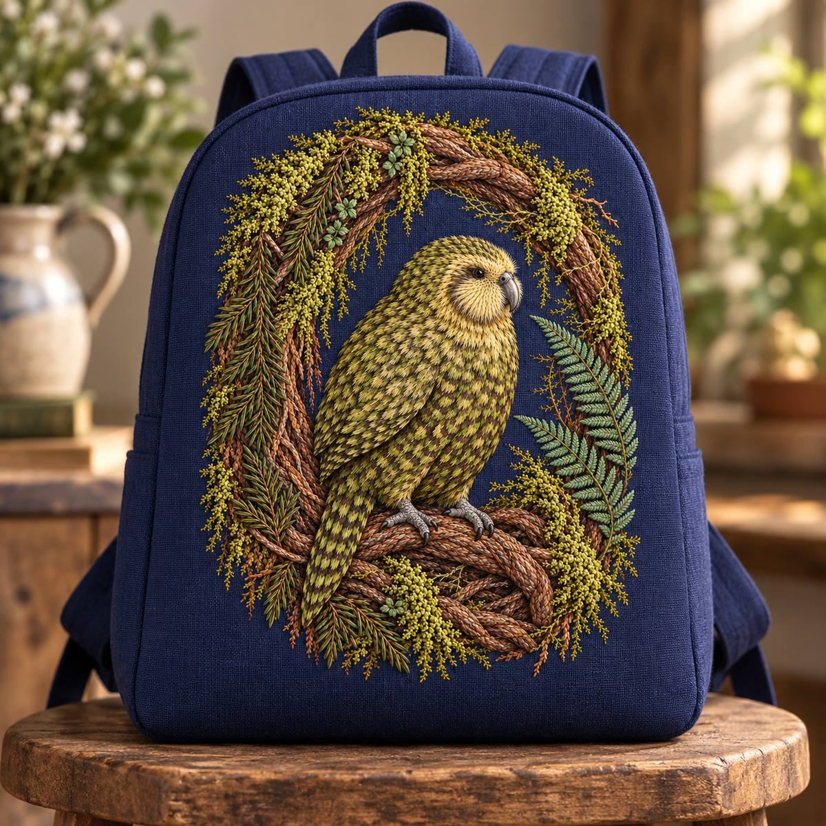 Kakapo embroidery design in a digital mockup of A indigo linen backpack displayed front-on on a wooden stool, straps behind and no pocket seam through the complete portrait motif. Placement inspiration for Study 78.
