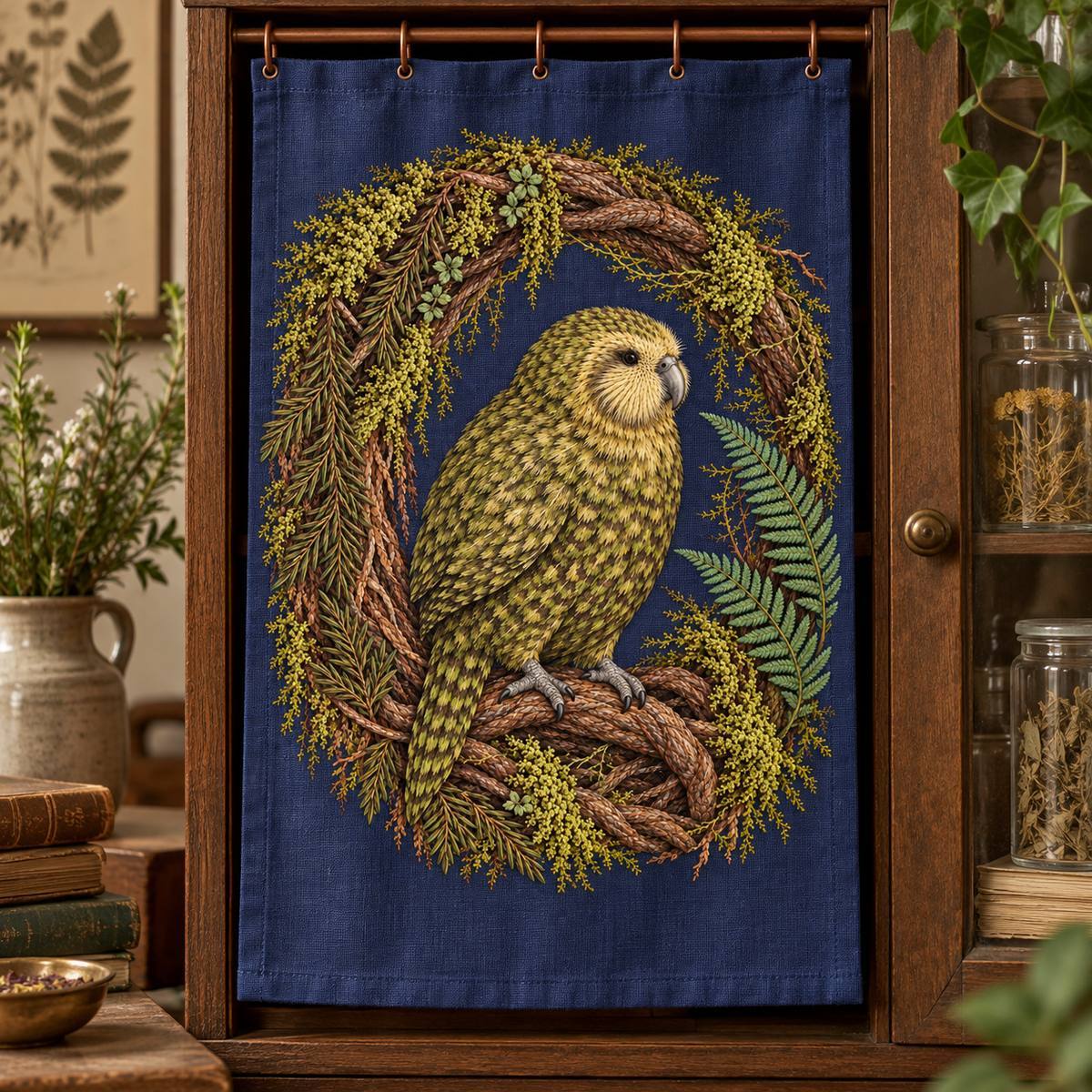 Kakapo embroidery design in a digital mockup of An indigo embroidered cabinet curtain panel hanging flat from tiny copper rings over a narrow herbarium cabinet, artwork centered and whole. Placement inspiration for Study 78.