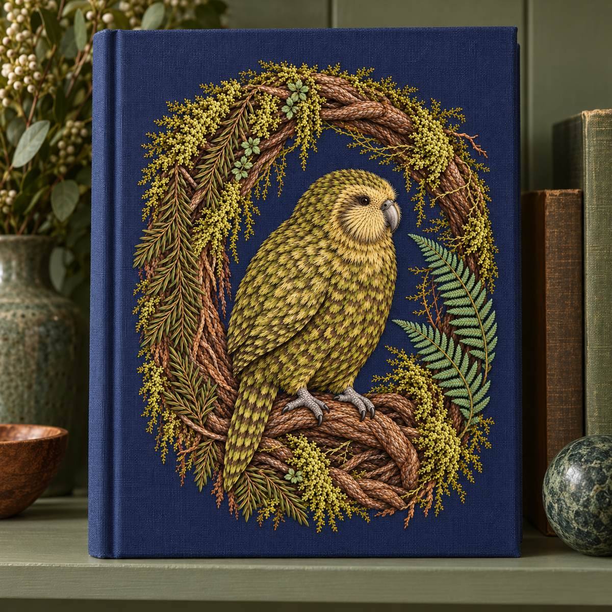 Kakapo embroidery design in a digital mockup of A tall indigo linen book box, , upright with closed front cover facing camera on a muted green shelf, complete motif and no lettering. Placement inspiration for Study 78.