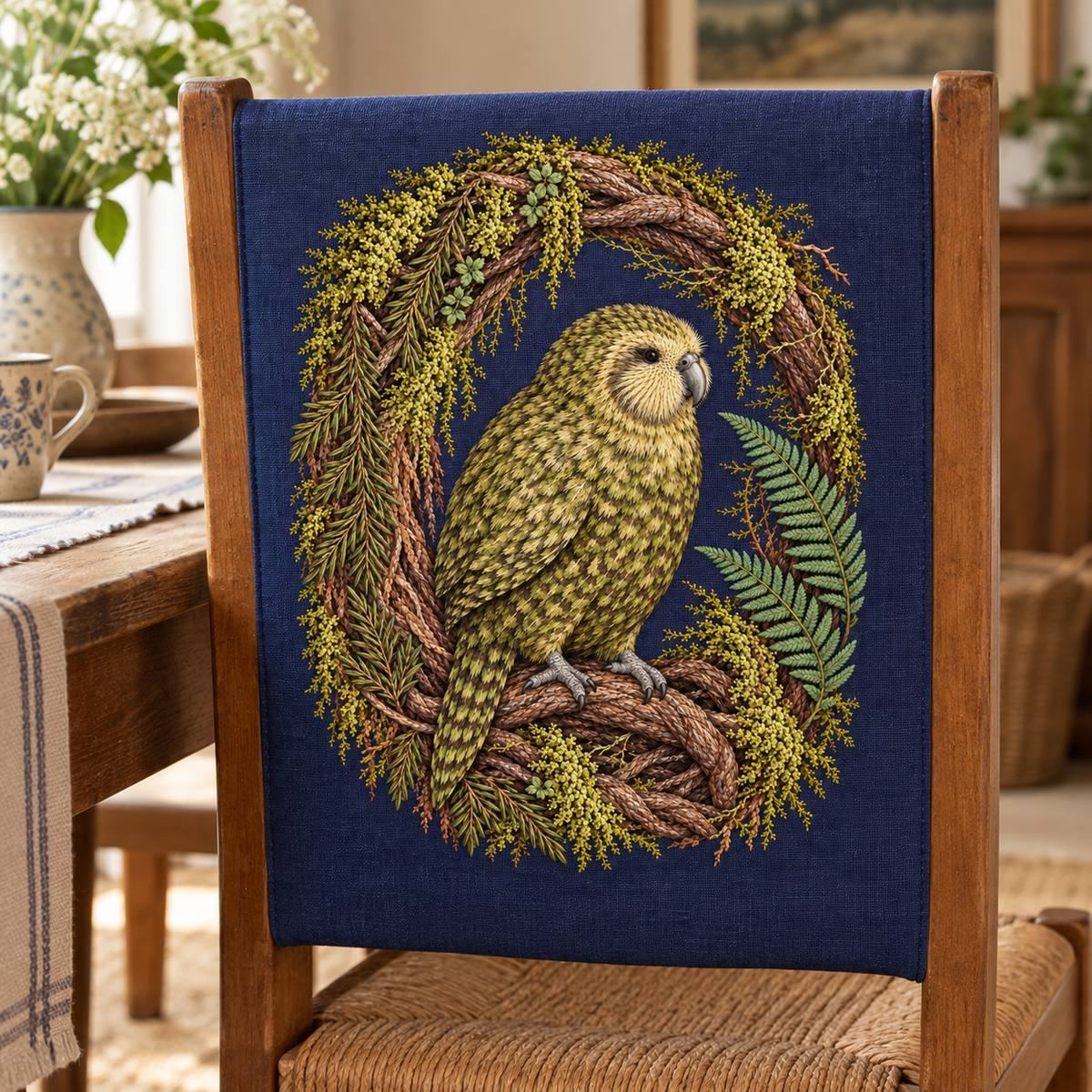 Kakapo embroidery design in a digital mockup of A indigo linen chair-back textile cover on a straight-back wooden chair, motif on the vertical back panel without distortion. Placement inspiration for Study 78.
