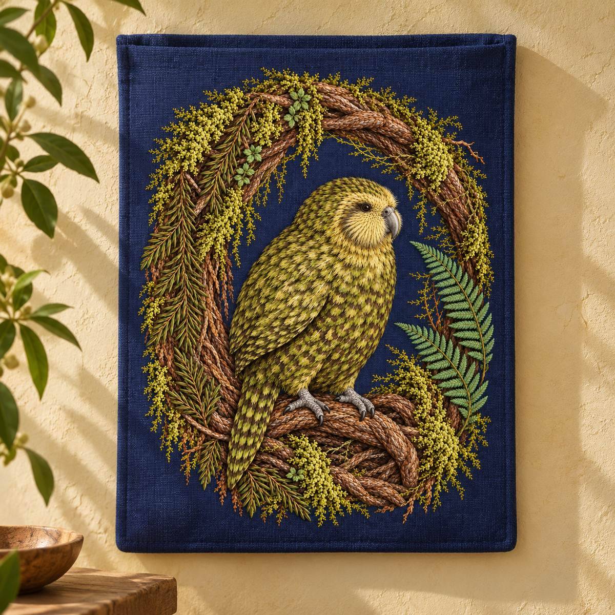 Kakapo embroidery design in a digital mockup of An indigo rectangular wall pocket mounted on warm lime plaster, concealed opening above artwork and entire bird/root arch visible. Placement inspiration for Study 78.
