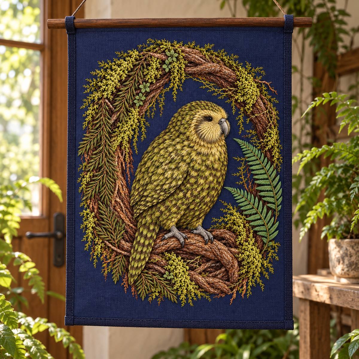 Kakapo embroidery design in a digital mockup of An indigo needlework banner edged in dark woven tape and suspended from a slender wooden rod in a fern-house entry, no tassels or words. Placement inspiration for Study 78.