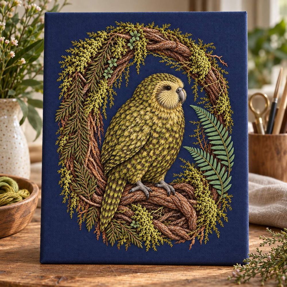 Kakapo embroidery design in a digital mockup of An indigo embroidered presentation textile stretched over a portable archival board, upright on a conservation worktable, no labels. Placement inspiration for Study 78.