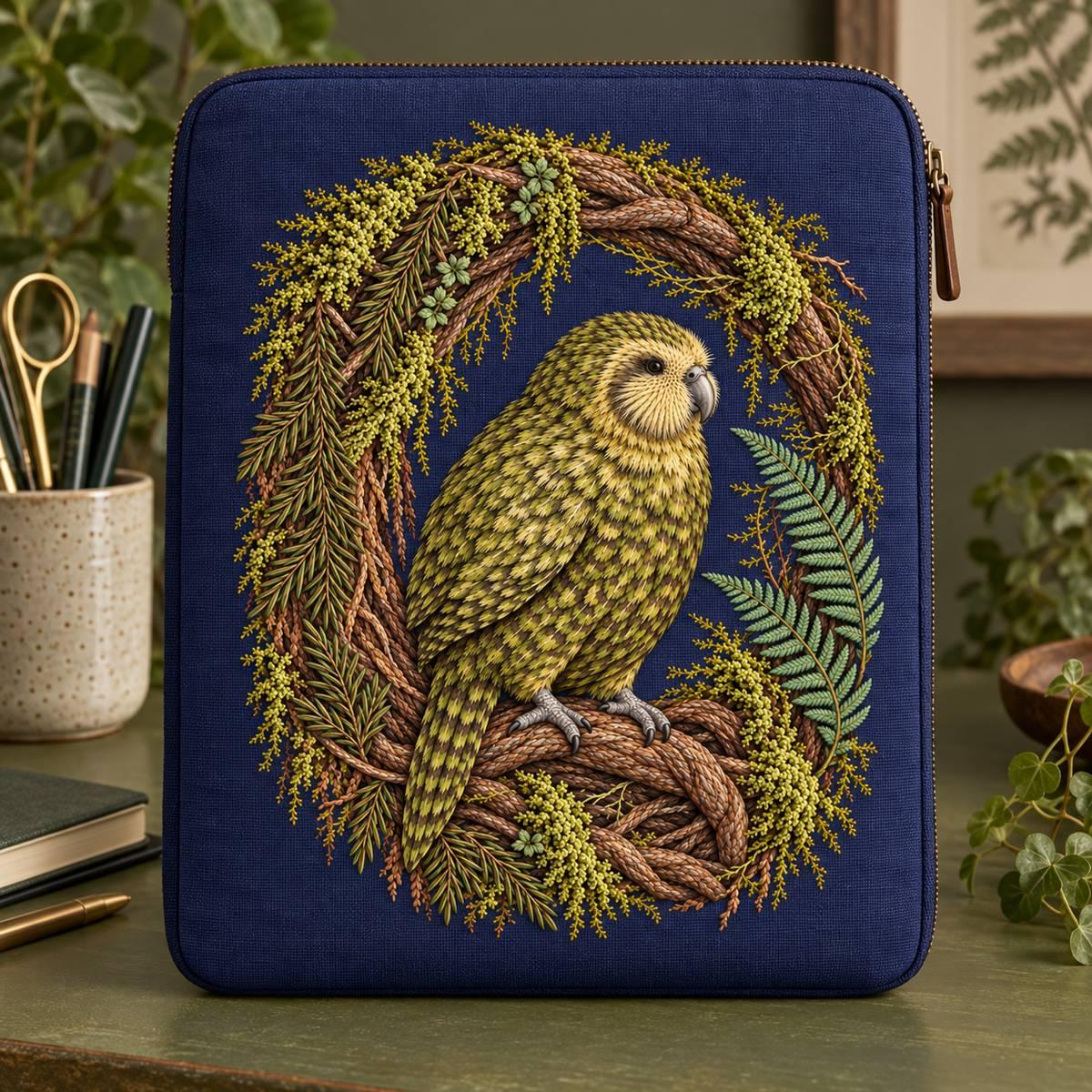 Kakapo embroidery design in a digital mockup of An indigo linen laptop sleeve displayed standing in portrait orientation on a moss-coloured desk, full embroidery field clear and zipper outside it. Placement inspiration for Study 78.