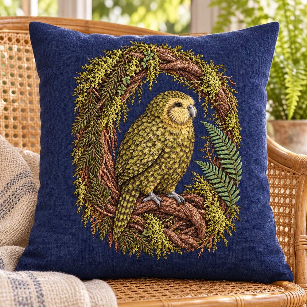 Kakapo embroidery design in a digital mockup of A tall indigo accent cushion resting upright in a woven cane conservatory chair; root arch and both feet fully visible, one distant soft fern. Placement inspiration for Study 78.