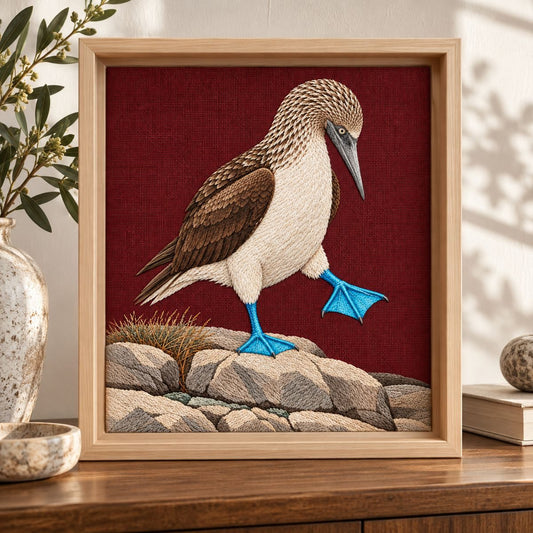 Blue-footed Booby embroidery design shown in a digital mockup of portrait embroidered burgundy textile displayed inside a deep pale-wood box frame on a console. Study 79.