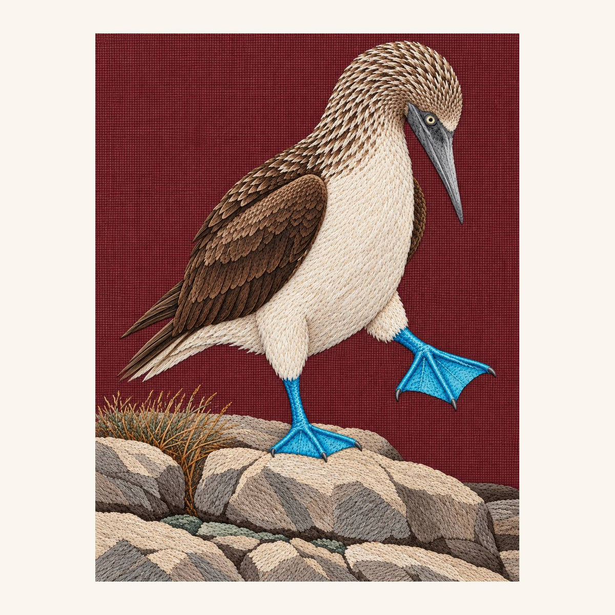 Digital embroidery reference showing a blue-footed booby lifting one foot on oxblood burgundy linen, portrait composition.