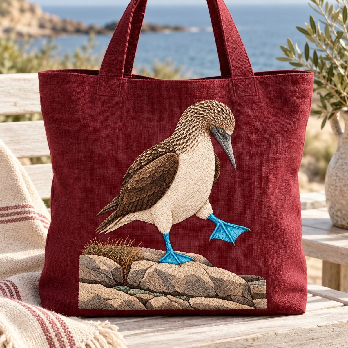 Blue-footed Booby embroidery design in a digital mockup of burgundy linen beach tote standing upright on a pale coastal bench, full portrait motif on front. Placement inspiration for Study 79.