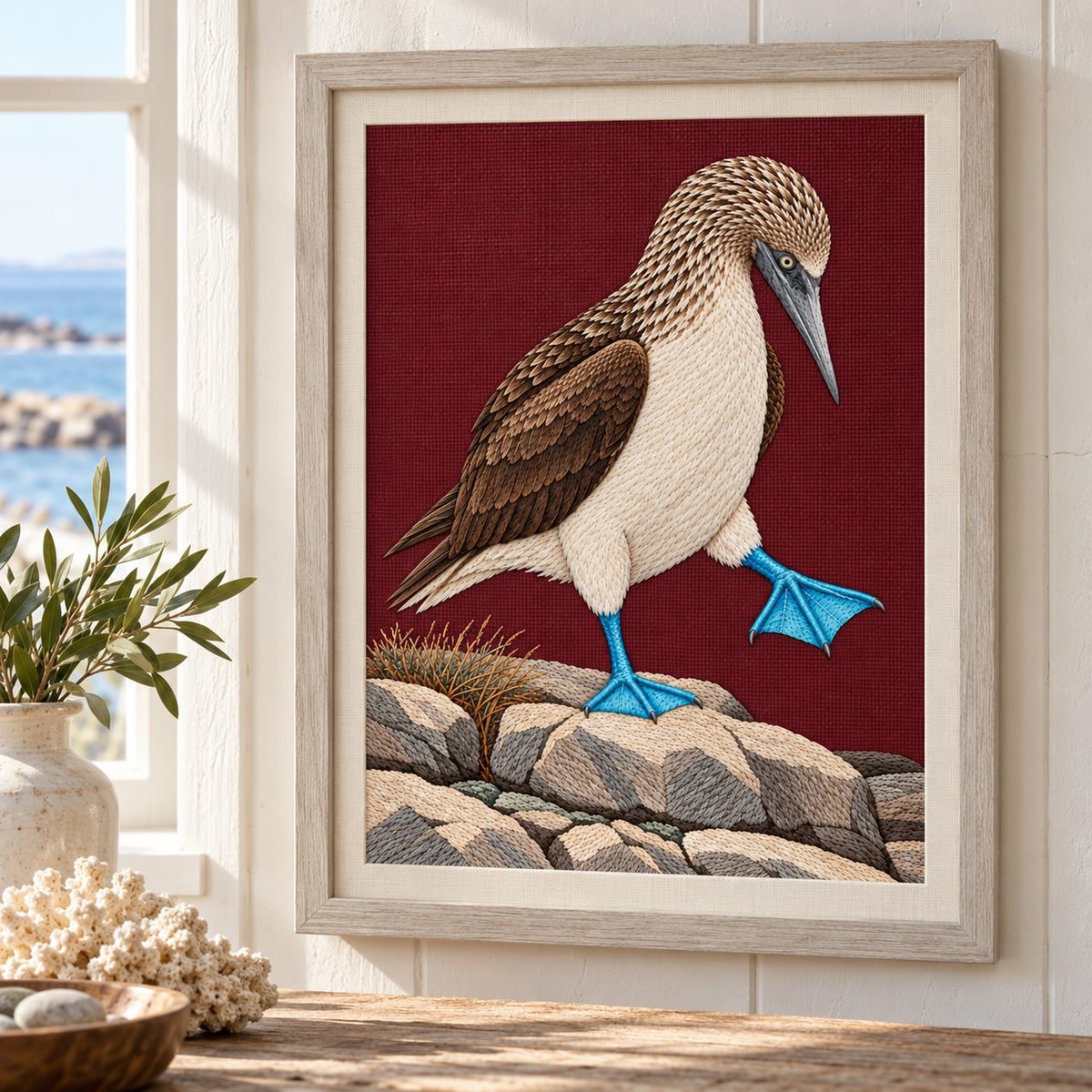 Blue-footed Booby embroidery design in a digital mockup of portrait embroidery in a pale ash frame on a warm white seaside cottage wall. Placement inspiration for Study 79.