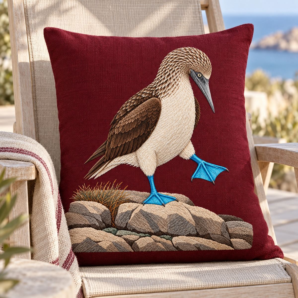 Blue-footed Booby embroidery design in a digital mockup of burgundy linen cushion standing vertically on a bleached wood deck chair. Placement inspiration for Study 79.
