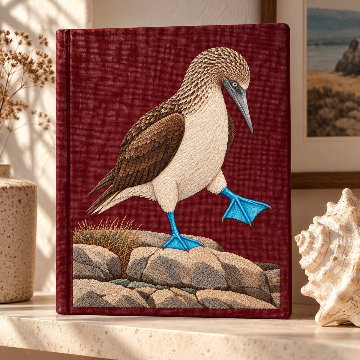 Blue-footed Booby embroidery design in a digital mockup of large burgundy linen travel folio propped upright beside a ceramic shell on a shelf. Placement inspiration for Study 79.