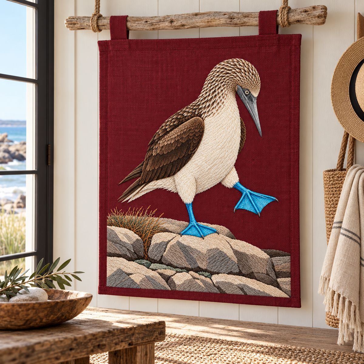 Blue-footed Booby embroidery design in a digital mockup of burgundy embroidered hanging panel on a simple driftwood rail in a coastal entryway. Placement inspiration for Study 79.
