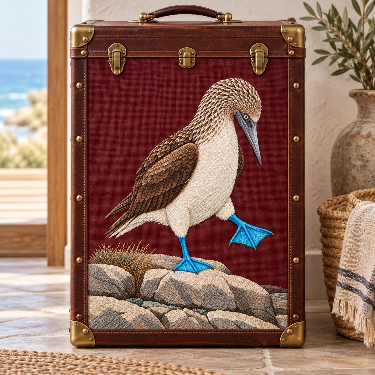 Blue-footed Booby embroidery design in a digital mockup of flat burgundy linen inset on the front of a tall beach-storage trunk, front-on view. Placement inspiration for Study 79.