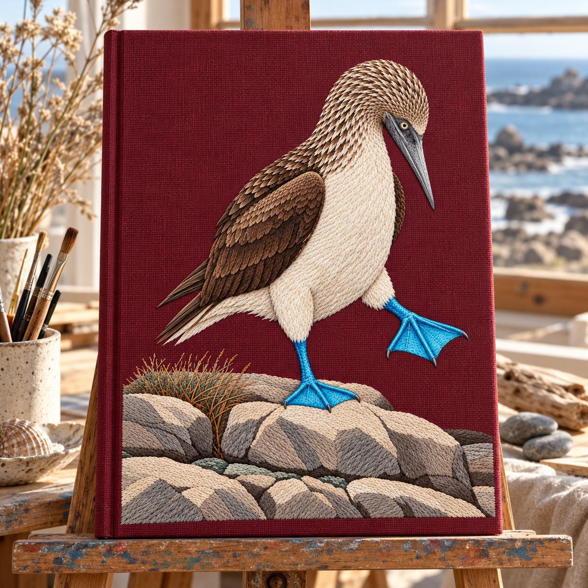 Blue-footed Booby embroidery design in a digital mockup of burgundy linen cover on a large upright coastal sketchbook on a seaside studio easel. Placement inspiration for Study 79.