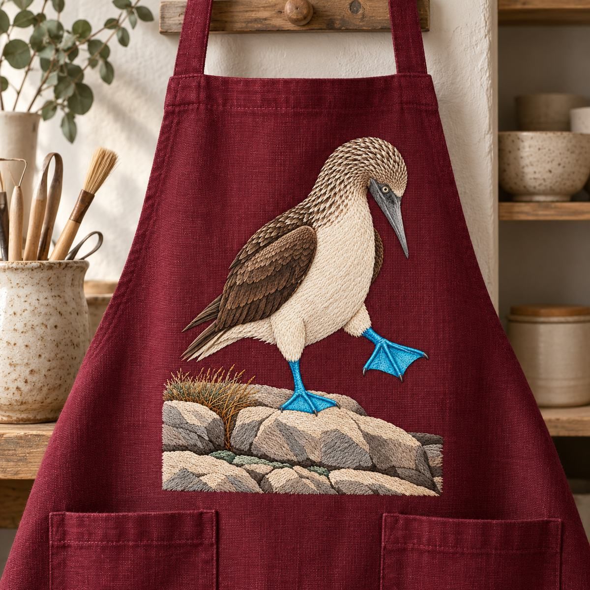 Blue-footed Booby embroidery design in a digital mockup of burgundy linen apron hanging flat in a ceramics studio, full motif above lower pockets. Placement inspiration for Study 79.
