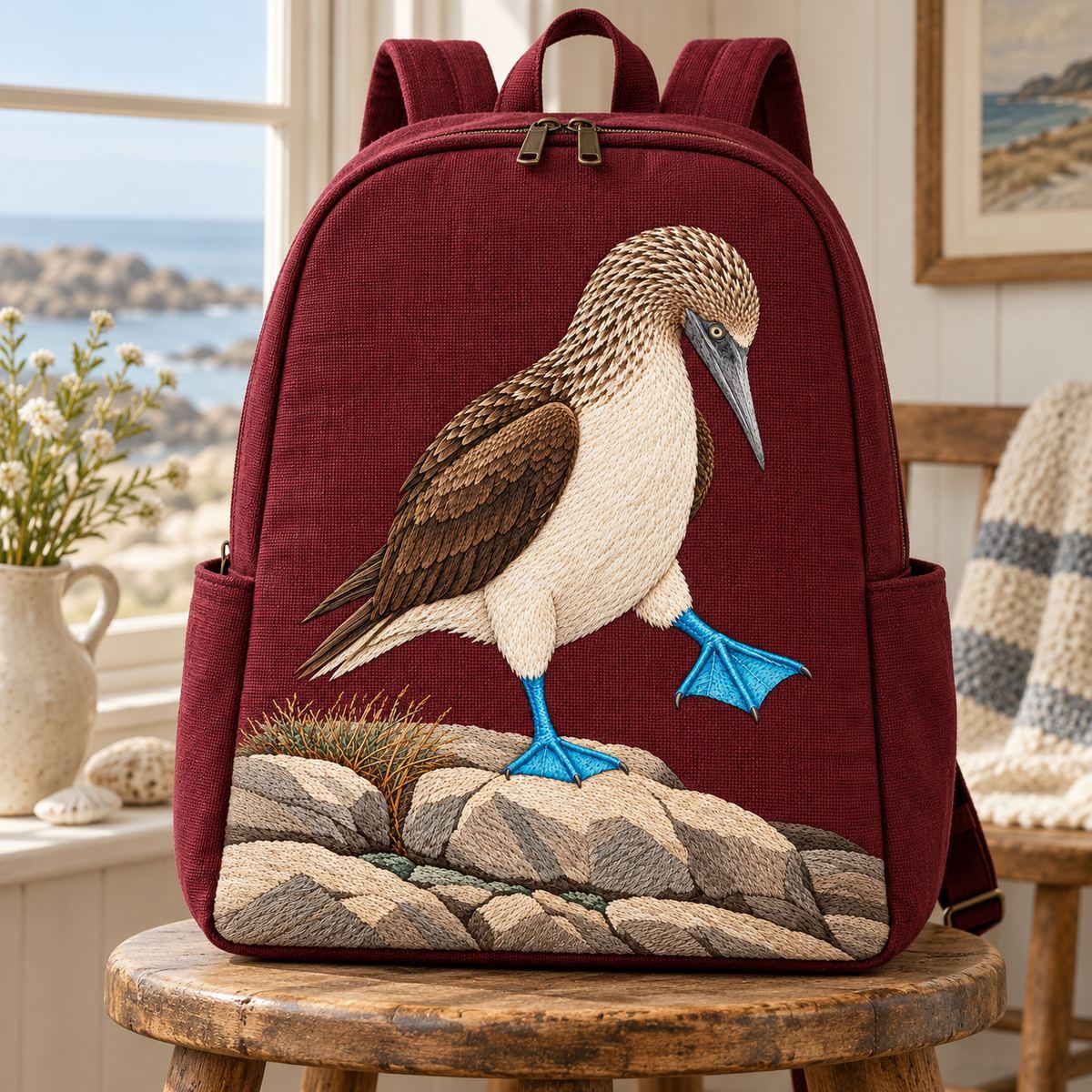 Blue-footed Booby embroidery design in a digital mockup of large burgundy linen backpack with full flat portrait front panel, standing on a coastal cottage stool. Placement inspiration for Study 79.