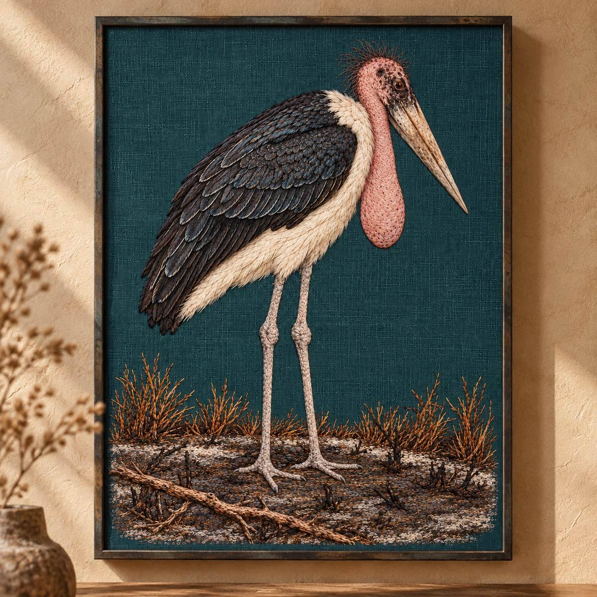 Marabou Stork embroidery design shown in a digital mockup of A dark petrol linen portrait panel inside a thin oxidized-steel frame on warm sand plaster, marabou upright with both feet and burnt grass visible. Study 80.