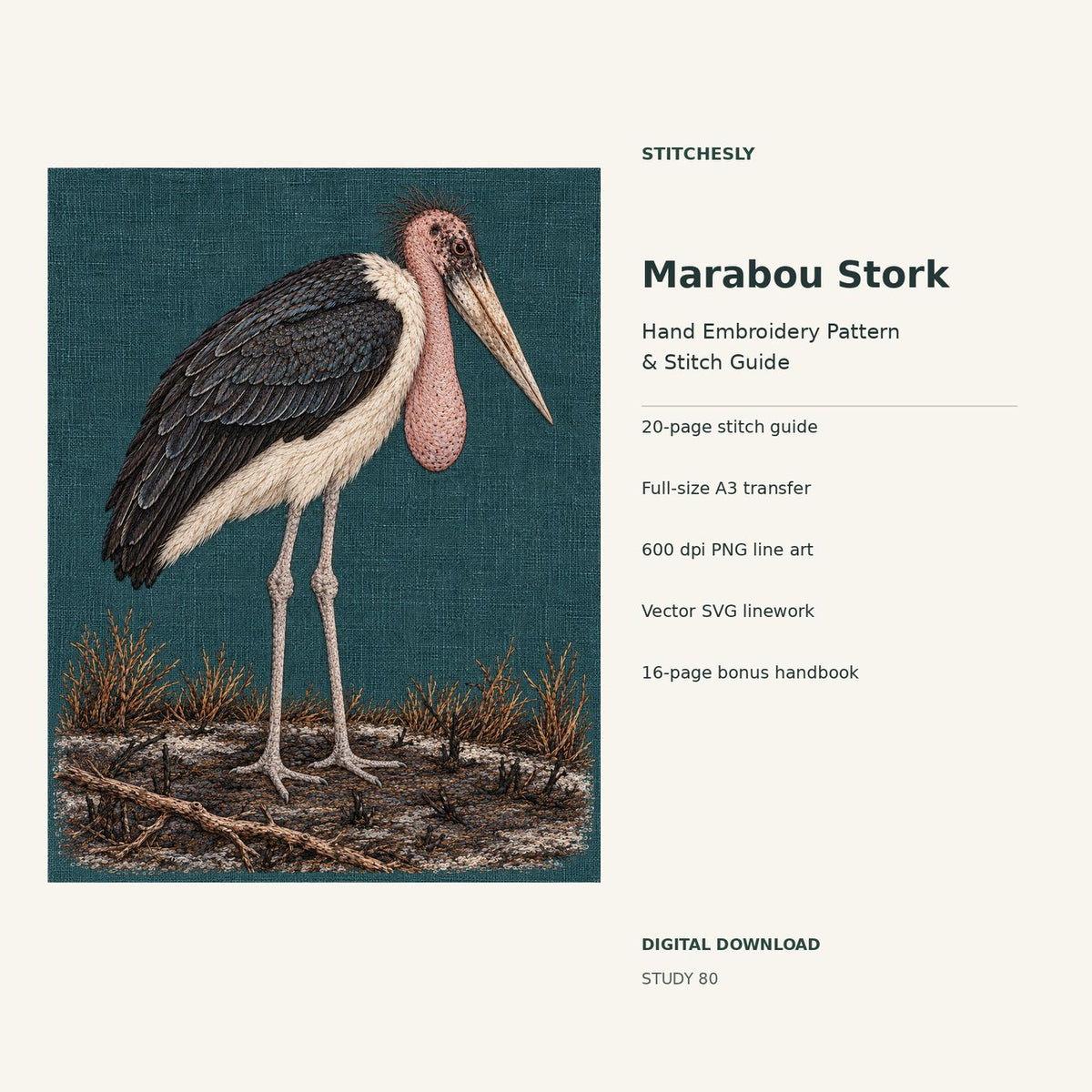 Marabou Stork hand embroidery digital package cover showing the reference artwork and included guide, transfer, PNG, SVG and bonus handbook.