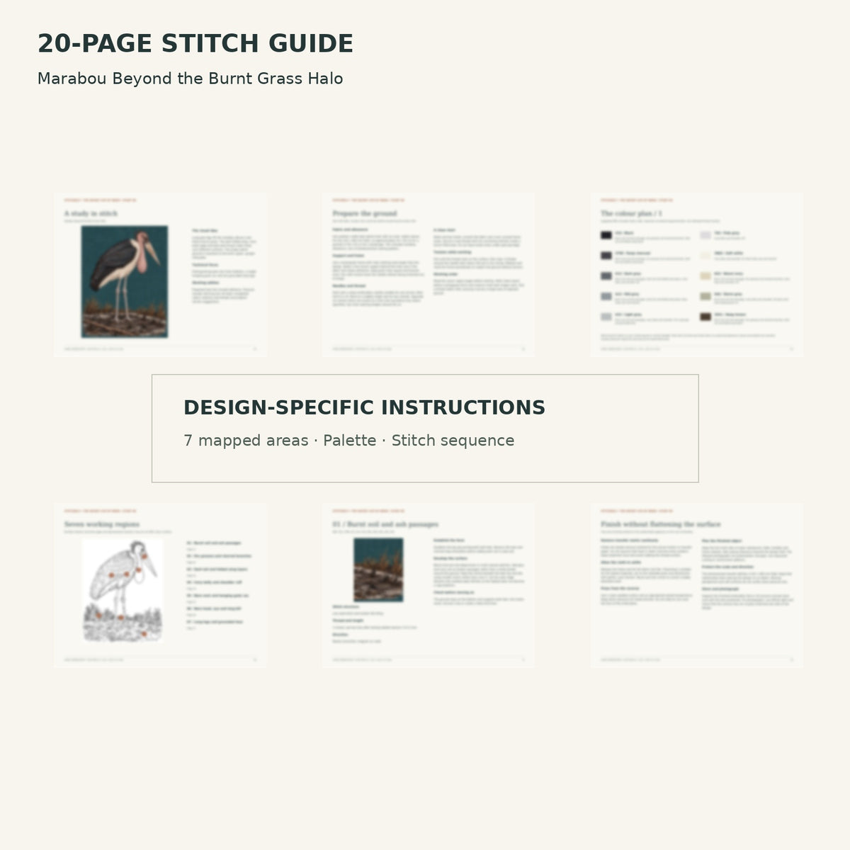 Protected page overview of the 20-page Marabou Stork stitch guide, including its numbered map, suggested palette and working sequence.