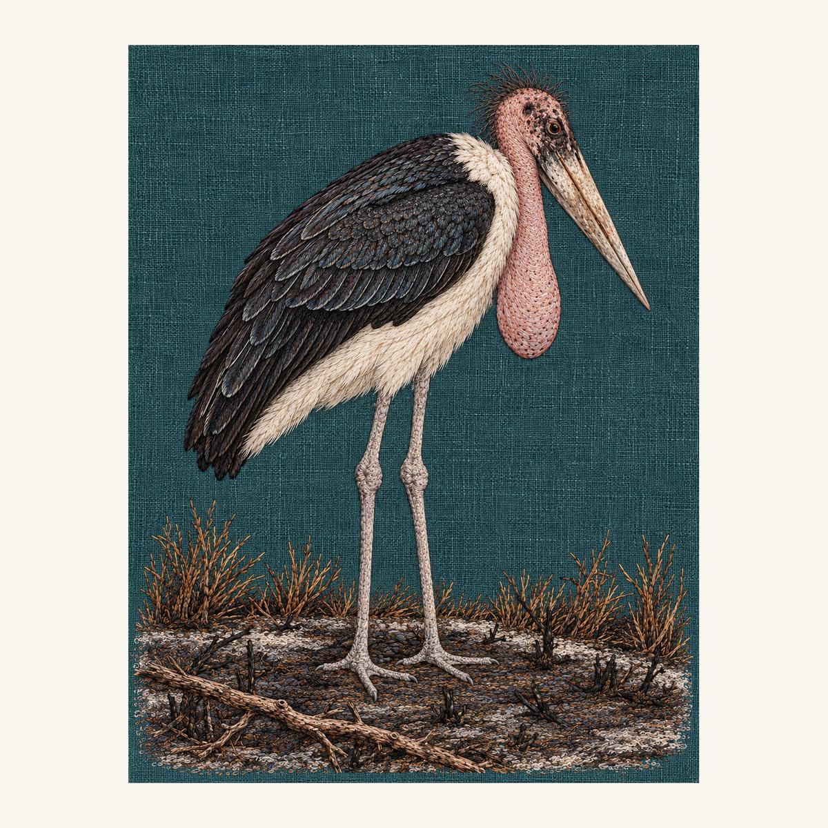 Digital embroidery reference showing a marabou stork above burnt grass on dark petrol linen, portrait composition.