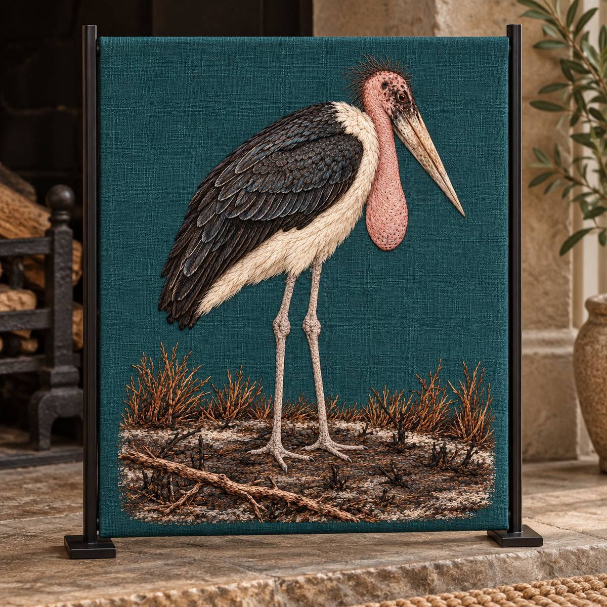 Marabou Stork embroidery design in a digital mockup of A tall petrol linen fire-screen textile panel in a narrow black stand beside an unlit hearth, artwork stays flat and fully visible, no flames. Placement inspiration for Study 80.