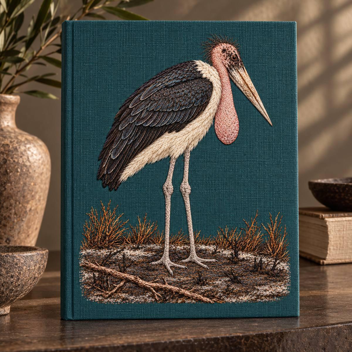 Marabou Stork embroidery design in a digital mockup of A petrol linen field-journal slipcase displayed upright on a dark clay console, plain edges and the full marabou motif on front. Placement inspiration for Study 80.