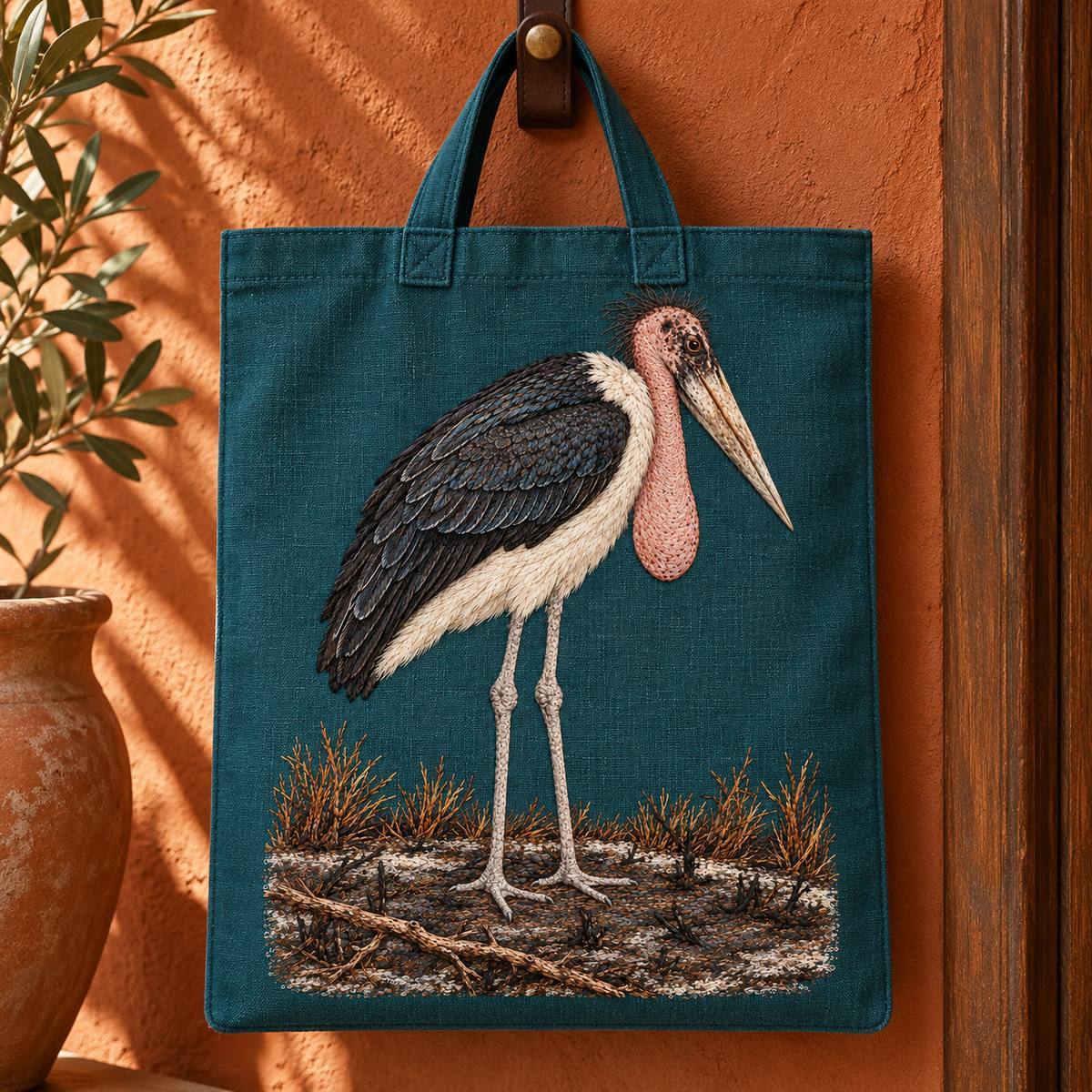 Marabou Stork embroidery design in a digital mockup of A petrol canvas flat utility satchel hanging straight from a leather loop in a terracotta entryway, no straps or pockets obscuring motif. Placement inspiration for Study 80.
