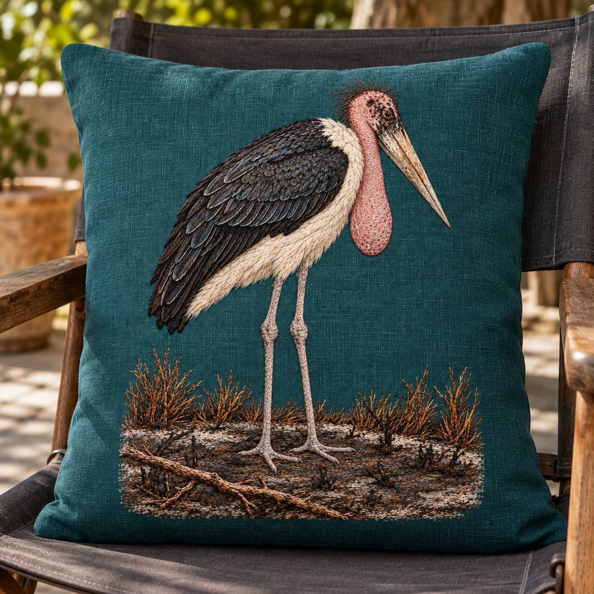 Marabou Stork embroidery design in a digital mockup of A petrol linen back cushion on a charcoal canvas safari chair, entire portrait bird and ground scene centered and unstretched. Placement inspiration for Study 80.