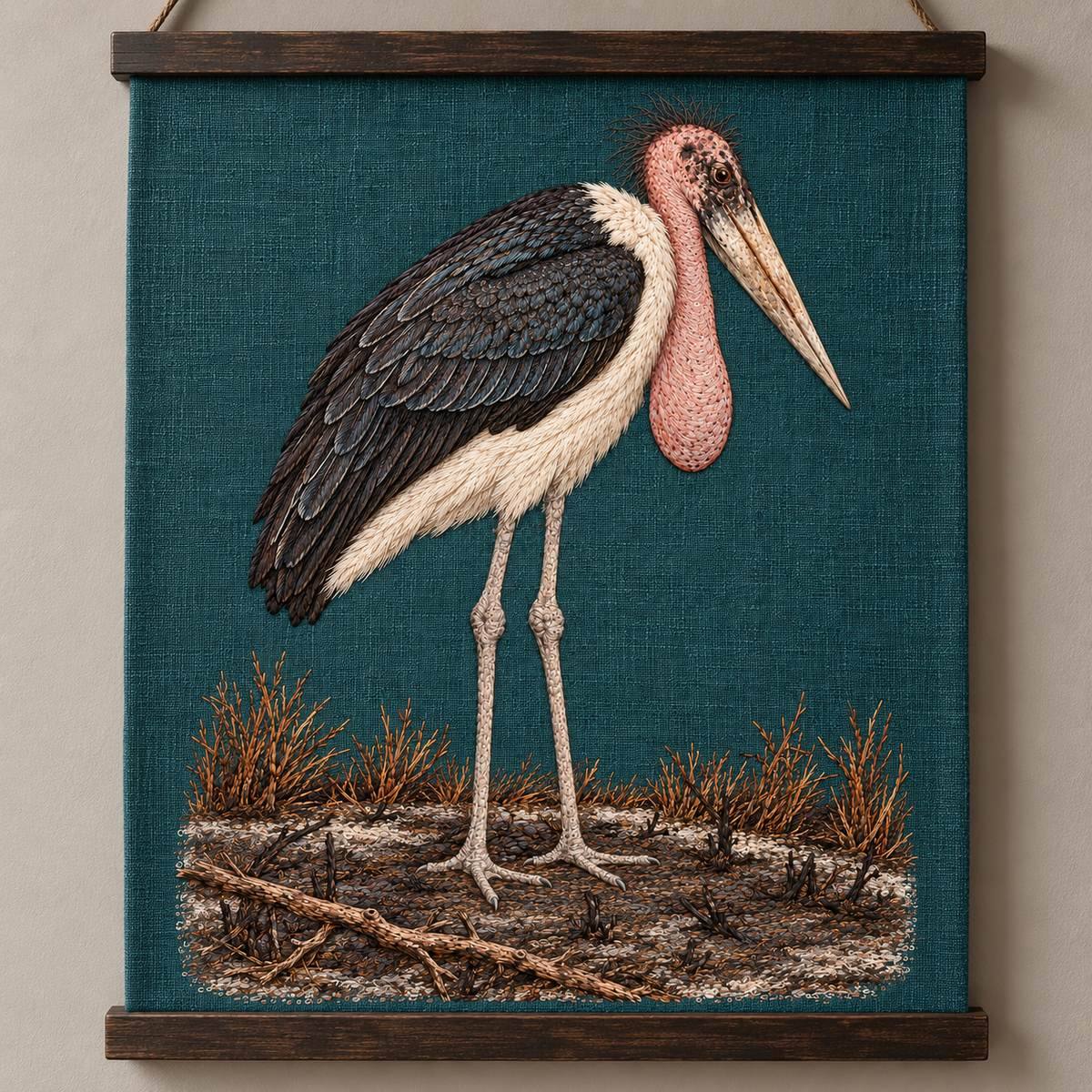 Marabou Stork embroidery design in a digital mockup of A petrol textile panel suspended between two dark timber battens on a warm grey studio wall, complete upright motif with ample margins. Placement inspiration for Study 80.