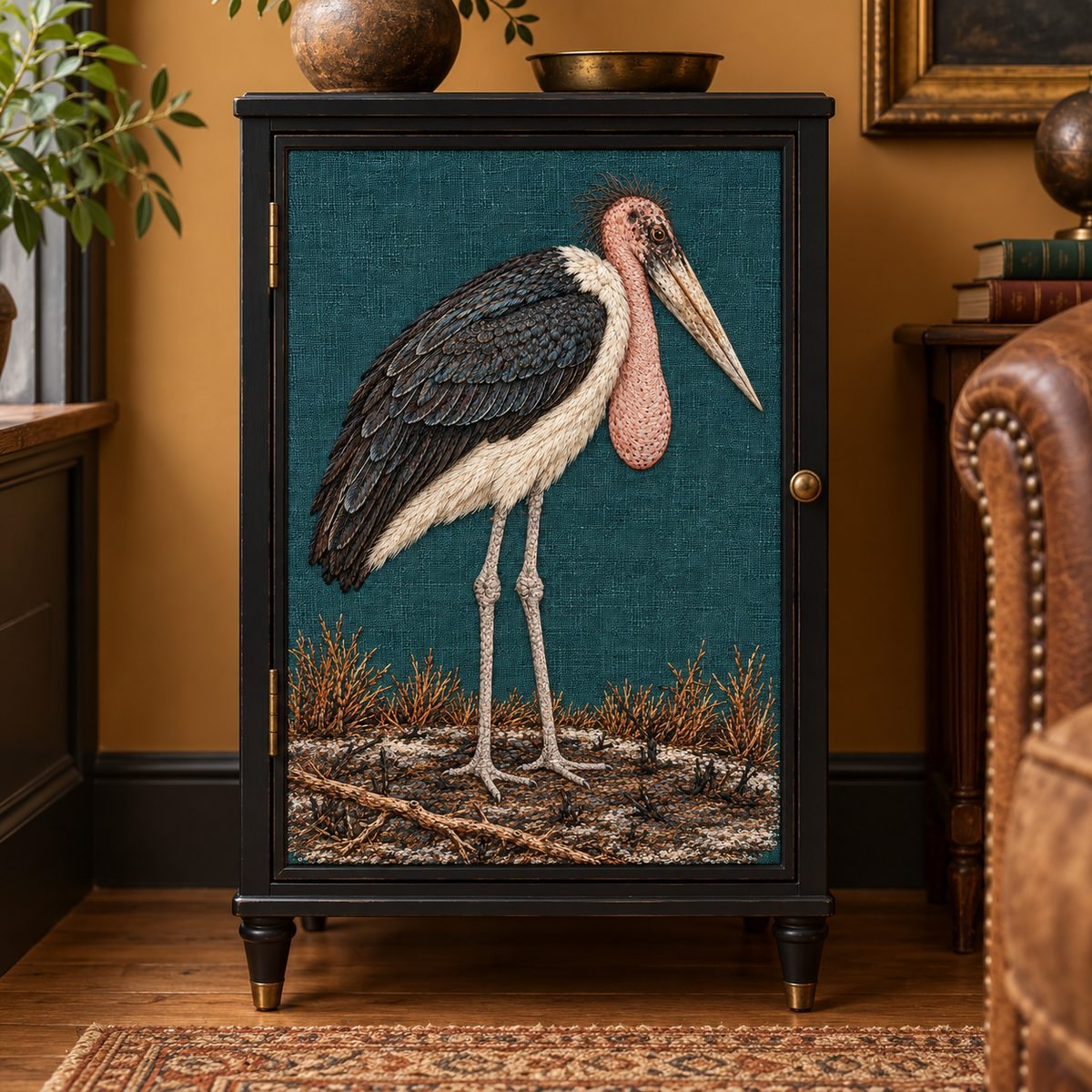 Marabou Stork embroidery design in a digital mockup of A petrol embroidered door-panel insert on a narrow black cabinet in an ochre-toned study, frontal photograph of closed door with correct upright bird. Placement inspiration for Study 80.