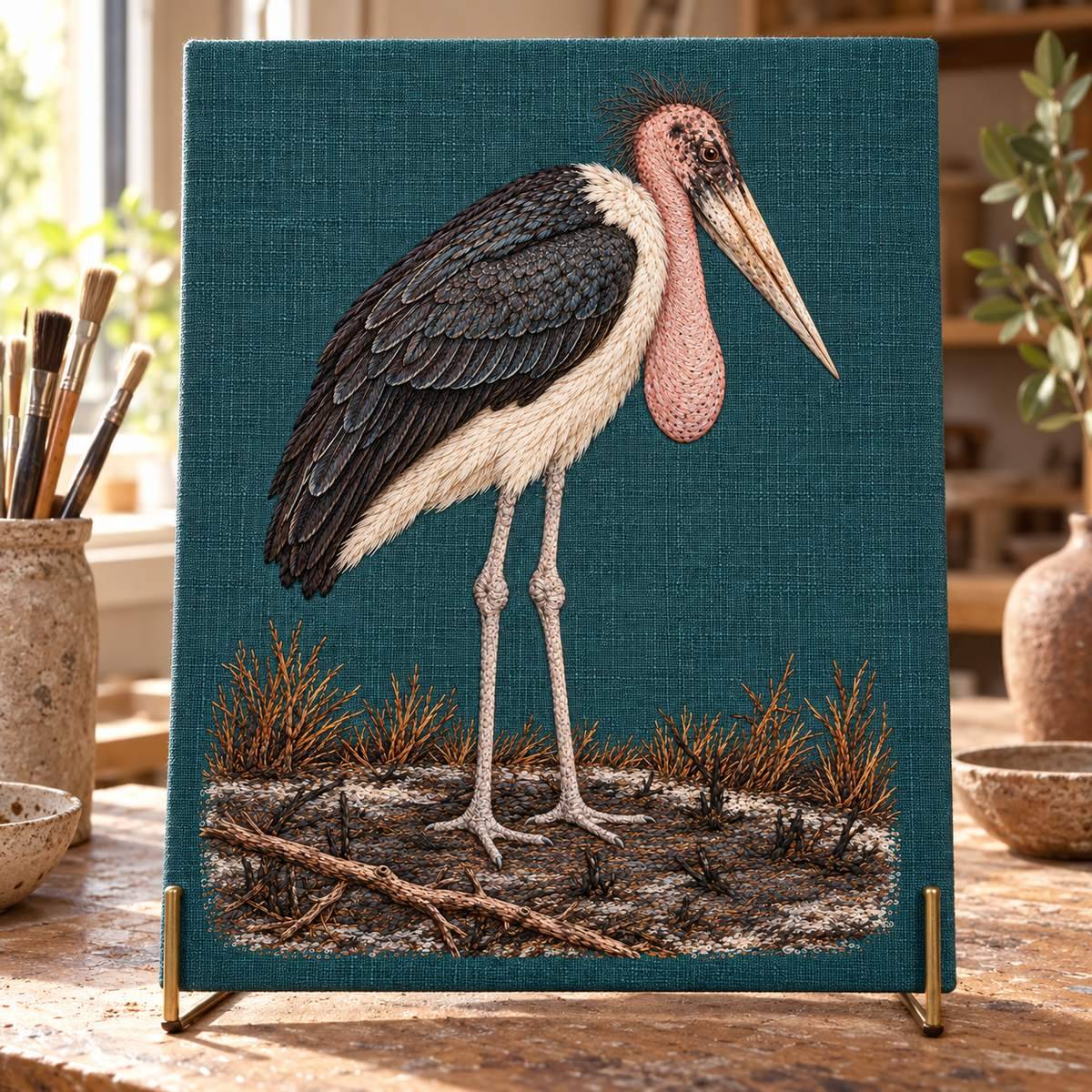 Marabou Stork embroidery design in a digital mockup of A flat petrol linen table screen on a simple folded brass stand in a clay artist's workspace, no pottery obscures the embroidery. Placement inspiration for Study 80.