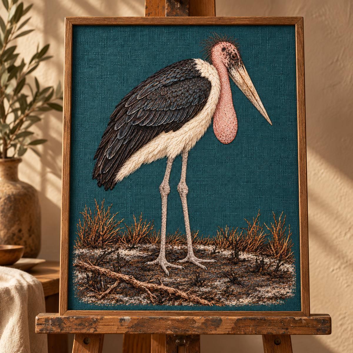 Marabou Stork embroidery design in a digital mockup of A petrol embroidered textile mounted on a vertical rectangular archival easel beside an earth-toned wall, soft raking light reveals thread texture without changing motif. Placement inspiration for Study 80.