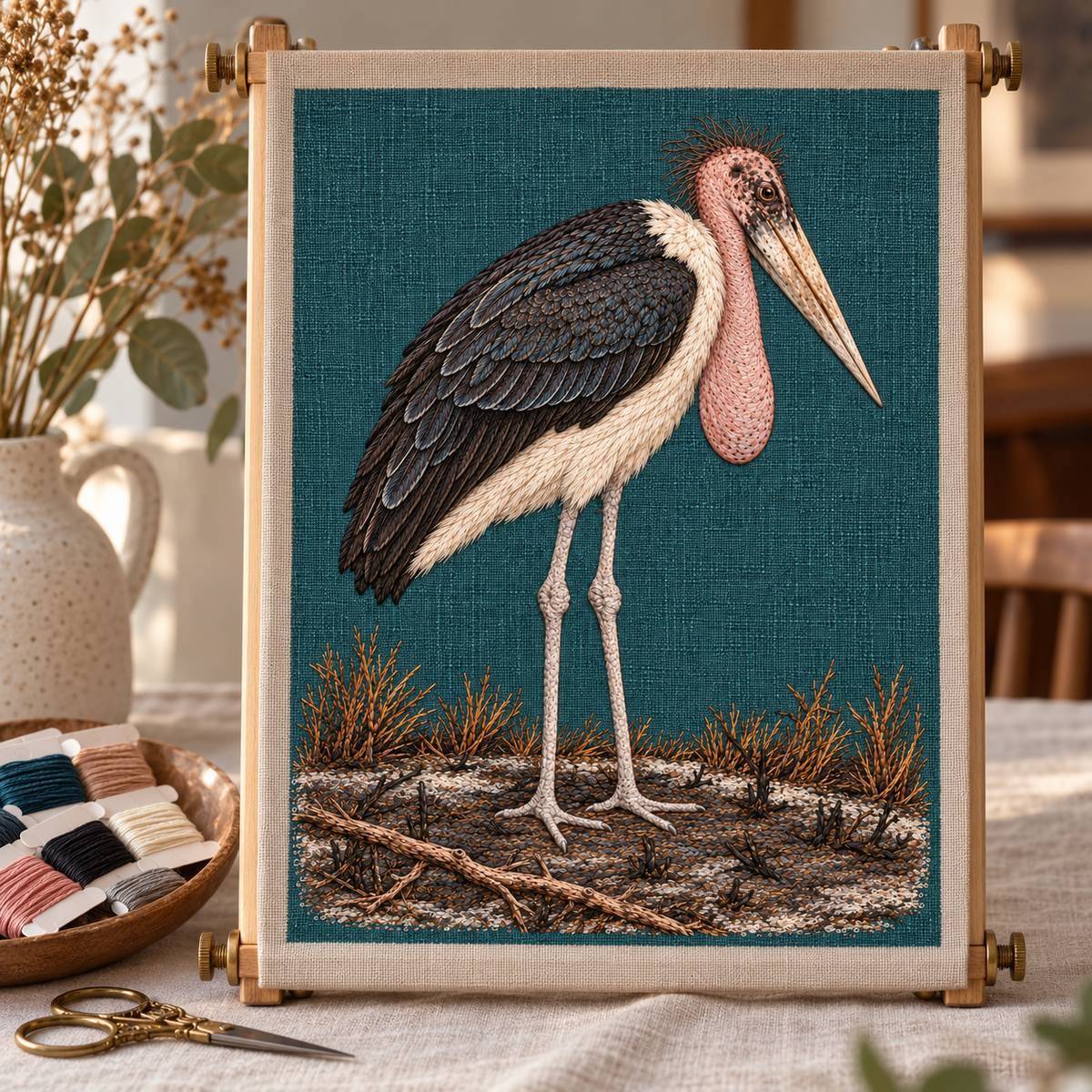 Marabou Stork embroidery design in a digital mockup of The petrol portrait needlework on a rectangular tension frame above a clean linen-covered table, full two-legged marabou and habitat visible, unmarked thread cards to one side. Placement inspiration for Study 80.
