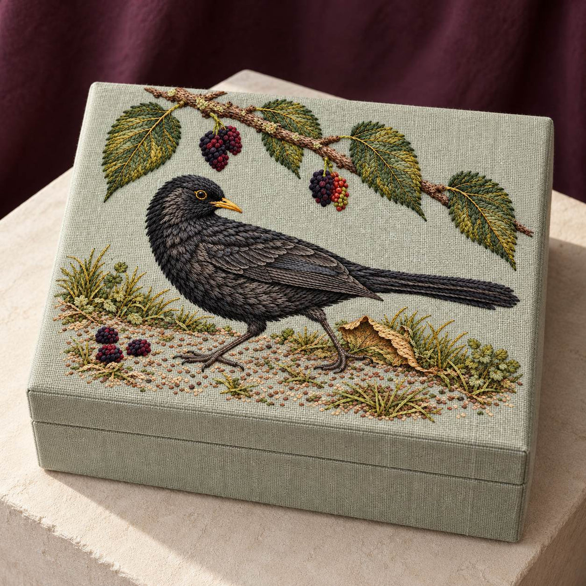 Blackbird at the Mulberry Fall visual mockup shown on a cloth portfolio cover, with the design on pale muted sage-grey linen.